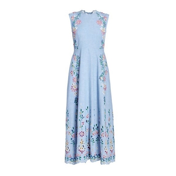 Chloé Chambray Embroidered Maxi Dress Downy Blue Eyelet Size 34 - Picture 5 of 16